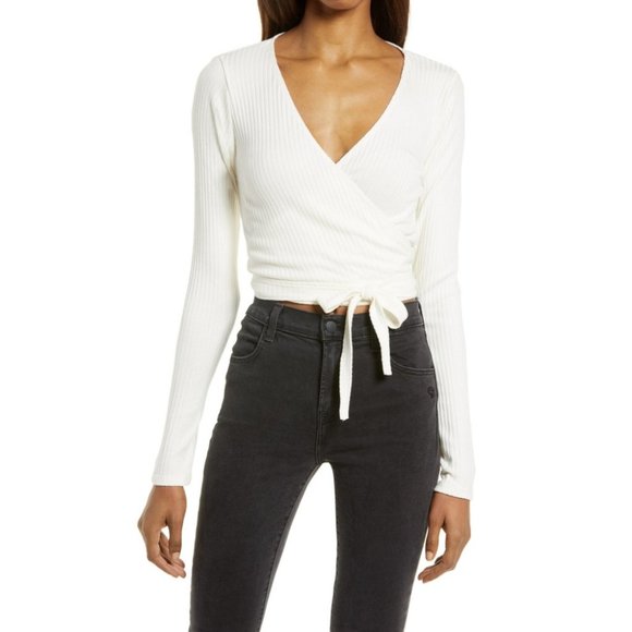 Reformation Tops - REFORMATION Petalo Top Ribbed Wrap White Long Sleeve M Medium